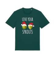 green christmas t-shirt with the graphic of two sprouts awearing santa hats and the slogan 'love your sprouts'