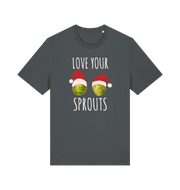 grey christmas t-shirt with the graphic of two sprouts awearing santa hats and the slogan 'love your sprouts'