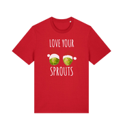 red christmas t-shirt with the graphic of two sprouts awearing santa hats and the slogan 'love your sprouts'