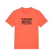 orange rude t-shirt with the slogan 'i'm the nicest arsehole you will ever meet'