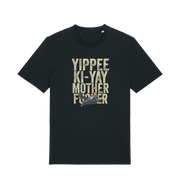 black christmas t-shirt with the graphic of a man falling and the slogan 'yippee ki-yay mother fucker'