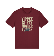 burgundy christmas t-shirt with the graphic of a man falling and the slogan 'yippee ki-yay mother fucker'