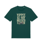 green christmas t-shirt with the graphic of a man falling and the slogan 'yippee ki-yay mother fucker'
