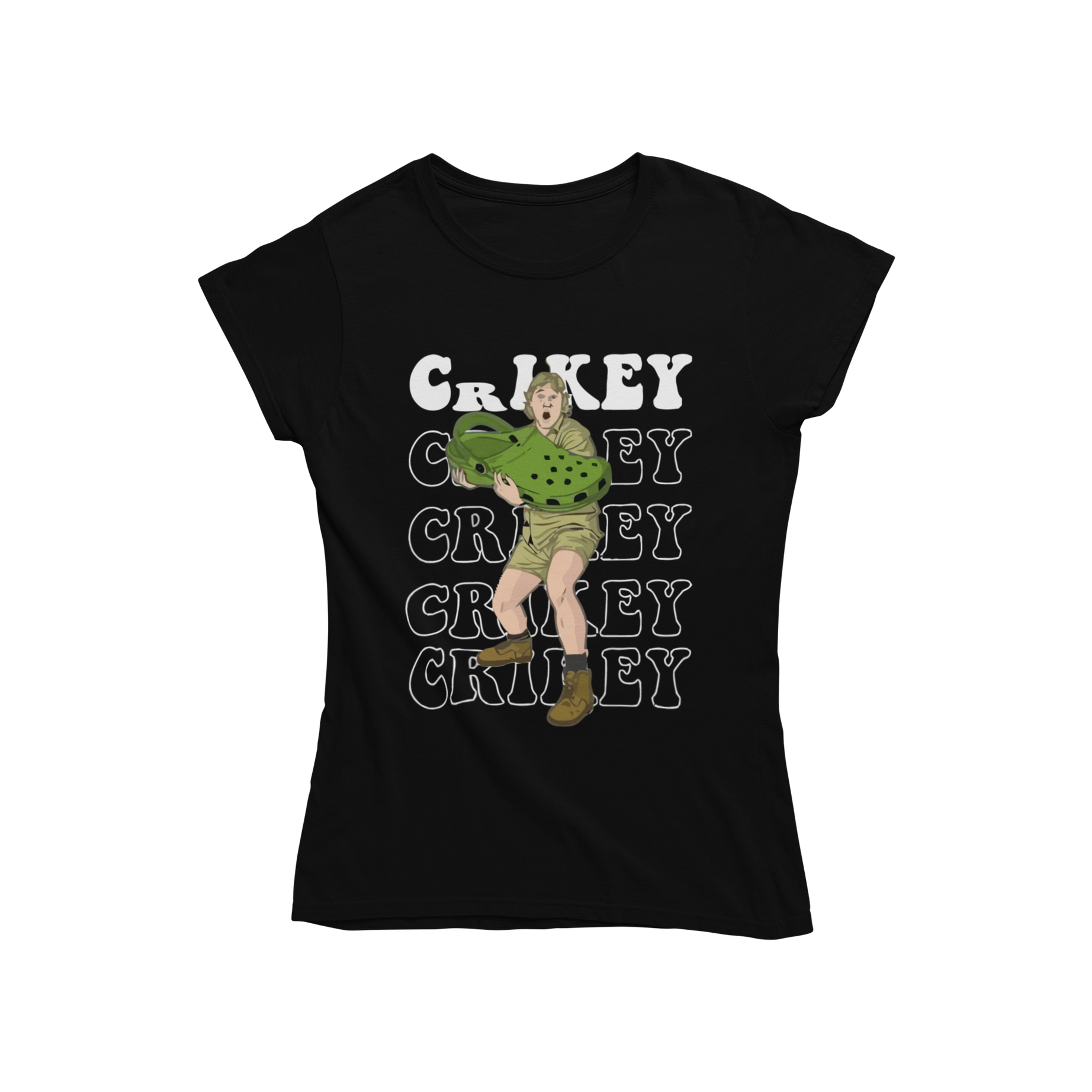 Are you a fan of Steve Irwin? Teevolution has designed a graphic fitted women's t-shirt inspired by the late Steve Irwin, his catchphrase "Crikey," and his fascination for crocs (not the shoe type). Get yours today and show your love for the Crocodile Hunter!