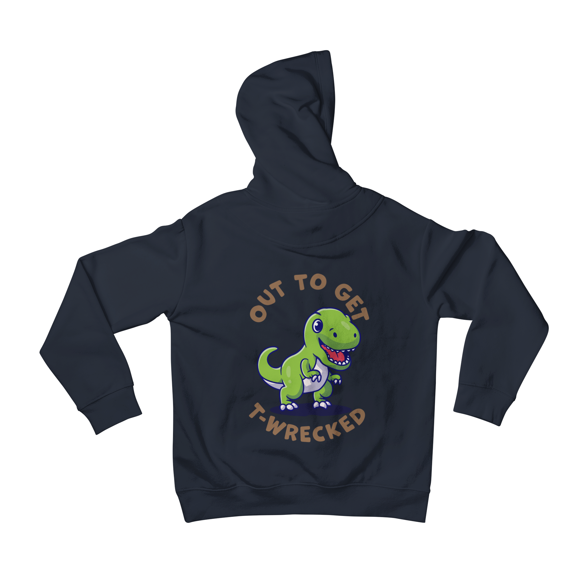Looking for a funny and unique hoodie? Teevolution has a hilarious dinosaur back print hoodie that features a cartoon T-Rex and the phrase "Out to get T-Wrecked." Our hoodie is perfect for any casual occasion and is sure to get you lots of compliments. Get ready to stand out with Teevolution!