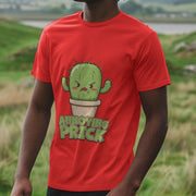 Man in a red funny graphic T-shirt with a cartoon cactus and text 