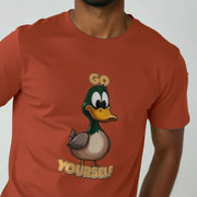 A man wearing an orange sarcasm T-shirt featuring a cartoon duck with large eyes. The text reads 