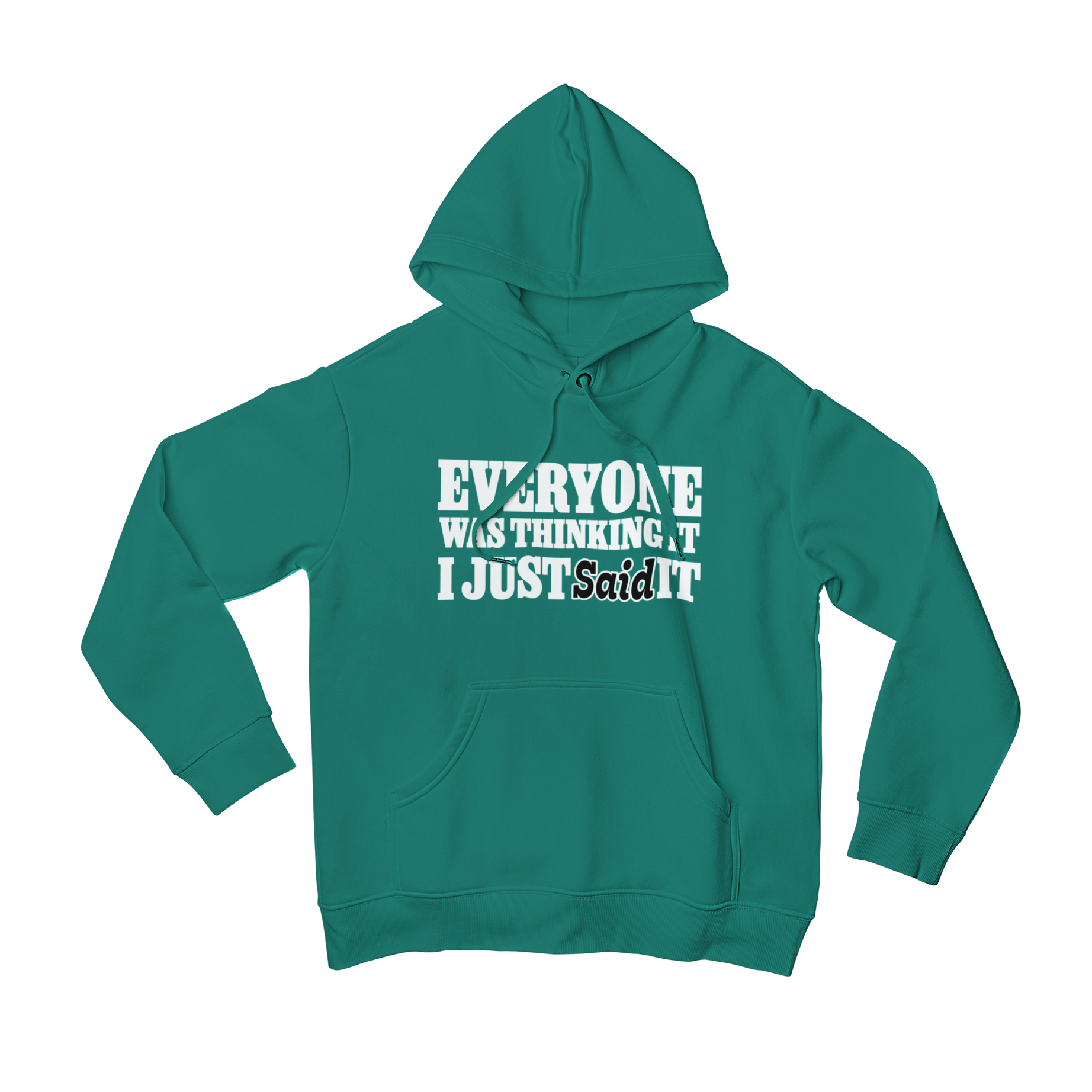 Rock the Everyone's Thinking Front Print Hoodie and make a bold statement without saying a word. This hoodie features a front print slogan that says "Everyone was thinking it, I just said it." Perfect for those who don't take themselves too seriously and want to add a touch of humour to their wardrobe.