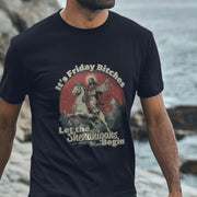 Man wearing a dark graphic t-shirt with a whimsical illustration of Jesus riding on a unicorn, and the text 