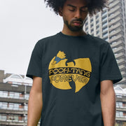 A man with curly hair wears a dark Festival t-shirt featuring a mashup design: a bear and a large yellow logo with text 