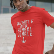 Man in a red funny rude T-shirt with 