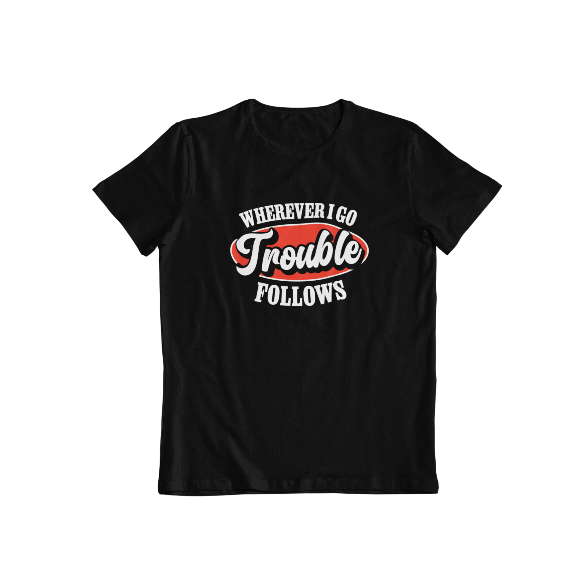 Express your bold and rebellious personality with our Trouble Follows matching slogan t-shirt. The statement 'wherever i go trouble follows' is sure to turn heads, and it perfectly complements our 'i'm trouble' t-shirt. Show off your fearless attitude with this dynamic duo.