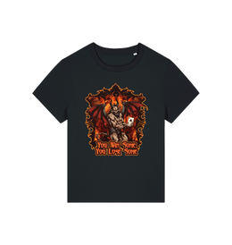 black womens music t-shirt with the graphic of a devil holding a playing card and the slogan 'you win some you lose some'