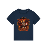 navy womens music t-shirt with the graphic of a devil holding a playing card and the slogan 'you win some you lose some'