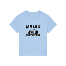 light blue funny slogan tee with 'aim low and avoid disappointment'