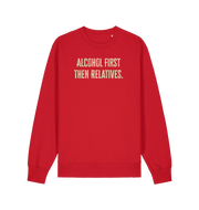 red christmas sweater with the slogan 'alcohol first then relatives'