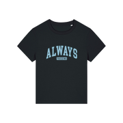 black slogan t-shirt with 'always freezing'