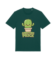 Green funny t-shirt with a kawaii cartoon cactus and the slogan Annoying Prick