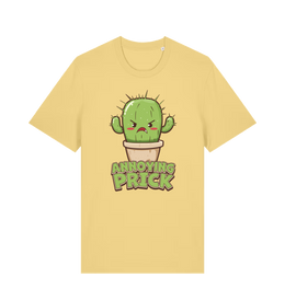 Yellow funny t-shirt with a kawaii cartoon cactus and the slogan Annoying Prick