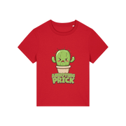 red funny offensive t-shirt with the graphic of a cactus and the slogan 'annoying prick'