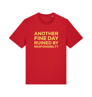 Red funny dad t-shirt with the slogan 'another day ruined by responsibility'