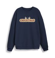 navy christmas sweatshirt with the slogan 'christmas' and antlers at the top
