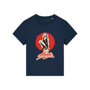 navy music t-shirt with a graphic of a legendary 70's music band and the slogan 'atomic'