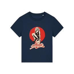 navy music t-shirt with a graphic of a legendary 70's music band and the slogan 'atomic'