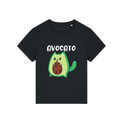 black graphic t-shirt with the slogan 'avocato' and the graphic of a cat dressed as an avocado