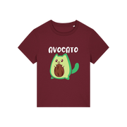burgundy graphic t-shirt with the slogan 'avocato' and the graphic of a cat dressed as an avocado