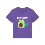 purple graphic t-shirt with the slogan 'avocato' and the graphic of a cat dressed as an avocado