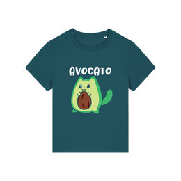 teal graphic t-shirt with the slogan 'avocato' and the graphic of a cat dressed as an avocado