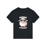 black animal t-shirt with the graphic of a sheep in sunglasses and the slogan 'baaaad to the bone'