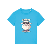 blue animal t-shirt with the graphic of a sheep in sunglasses and the slogan 'baaaad to the bone'