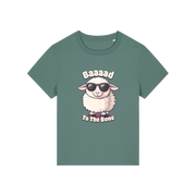 green animal t-shirt with the graphic of a sheep in sunglasses and the slogan 'baaaad to the bone'