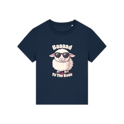 navy animal t-shirt with the graphic of a sheep in sunglasses and the slogan 'baaaad to the bone'