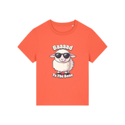 orange animal t-shirt with the graphic of a sheep in sunglasses and the slogan 'baaaad to the bone'
