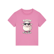 pink animal t-shirt with the graphic of a sheep in sunglasses and the slogan 'baaaad to the bone'