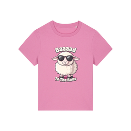 pink animal t-shirt with the graphic of a sheep in sunglasses and the slogan 'baaaad to the bone'