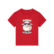red animal t-shirt with the graphic of a sheep in sunglasses and the slogan 'baaaad to the bone'