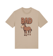 Beige graphic t-shirt with a cartoon donkey and the word 'bad'