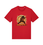 Red music t-shirt with a graphic design featuring a person with a drum and 'Bang a Gong!' 