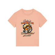 peach funny graphic t-shirt inspired by the docu series tiger king featuring the graphic of a iger and the slogan 'baskins sardine oil'
