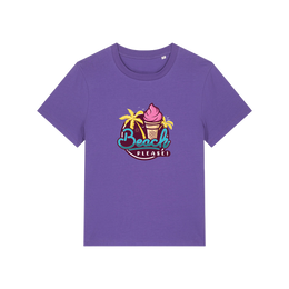 purple graphic t-shirt with an ice cream and palm trees and the slogan 'beach please'