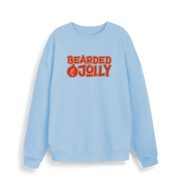 light blue christmas sweater with the slogan 'bearded and jolly'