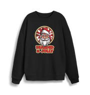 black christmas sweater with the graphic of santa and the slogan 'bearded and jolly'