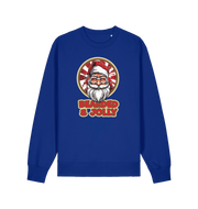 blue christmas sweater with the graphic of santa and the slogan 'bearded and jolly'