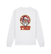 white christmas sweater with the graphic of santa and the slogan 'bearded and jolly'