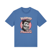 blue funny offensive t-shirt featuring a man smiling and the text 'bearded for her pleasure'