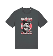 gray funny offensive t-shirt featuring a man smiling and the text 'bearded for her pleasure'
